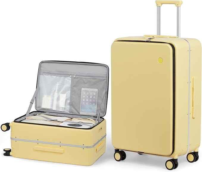 mixi 26 Inch Large Checked Luggage PC Hard Shell Suitcase Top Opening Aluminum Frame Travel Suitcases with Wheels, Lark Yellow