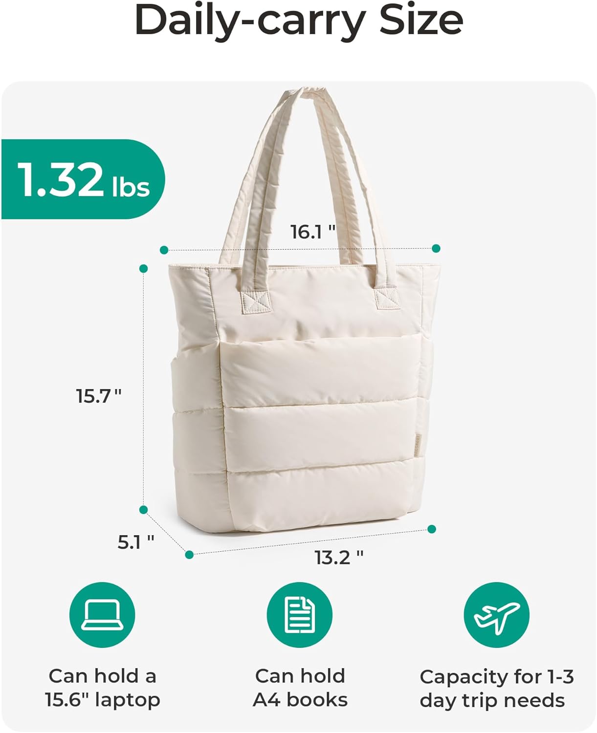 BAGSMART Tote Bag for Women, Lightweight Puffy Tote Bag with Compartments Shoulder Bag Handbag for Travel, Work, Gym,