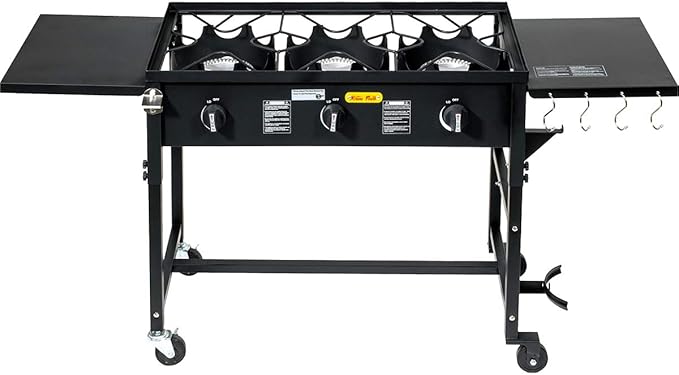 Barton Portable Propane 87,000-BTU Triple-Burner Outdoor Camp Stove Side Table Patio Cooking Wheel w/Regulator 4 Hook Utensil Holder