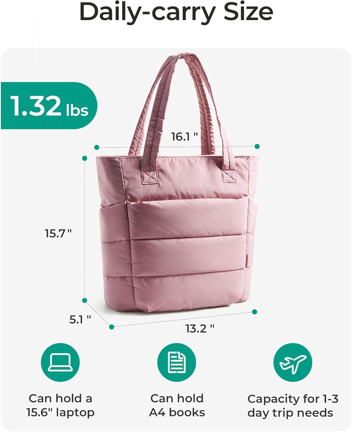 BAGSMART Tote Bag for Women, Lightweight Puffy Tote Bag with Compartments Shoulder Bag Handbag for Travel, Work, Gym,