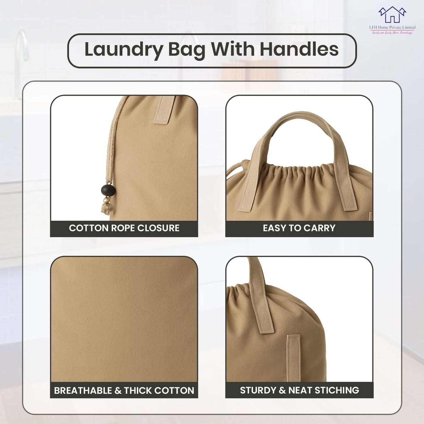 LFH Home Cotton Canvas Large Laundry Bag with Handle, Heavy Duty Drawstring Closure Washable Laundry Bags, School Travel, Home, Hotel, College Dorm, Organizer Sack, Toys Clothes 28x36-Beige