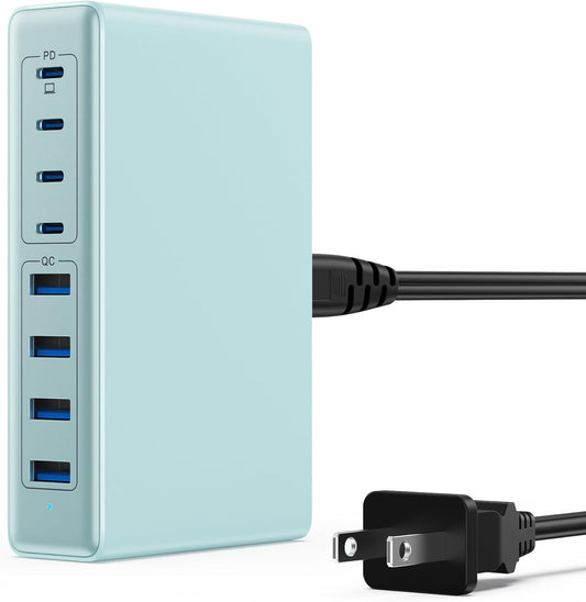 200W USB C Charger Block,GaN IV Charging Station 8 Ports,QC4.0 Fast Charging Station Hub+PD 65W USB C Laptop Charger Adapter Compatible with MacBook Air/Pro,DELL,iPhone 16/15,iPad,Steam Deck-Sky Blue - Roamly