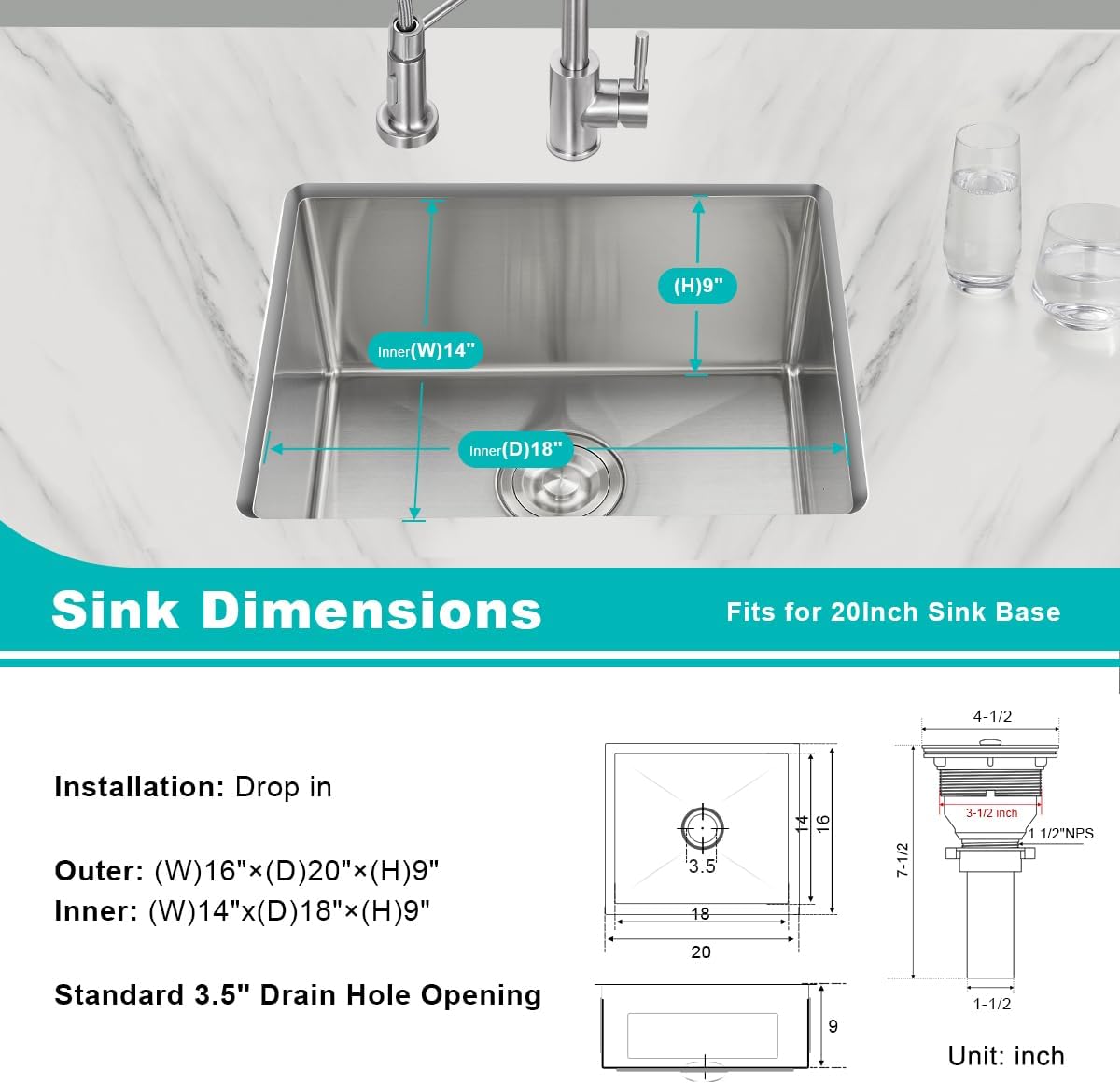 20 x 16 Inch Undermount Kitchen Sink, 304 Stainless Steel Single Bowl Small Kitchen Bar Sink Undermount, Brushed Nickel