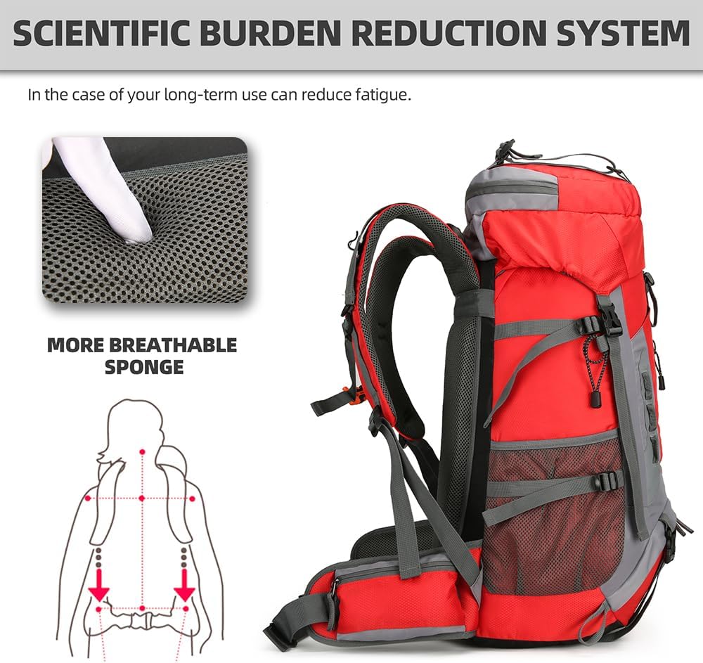 King'sGuard 60L Hiking Backpack Lightweight Camping Backpack with Rain Cover Large Waterproof Packable Outdoor Trekking Travel Backpack for Men Women (Red) - Roamly