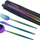 Gugrida Reusable Travel Utensils, 7 Piece Portable 304 Stainless Steel including Knife Fork Spoon Chopsticks Cleaning Brush Straws Portable Pouch, Eco-friendly Camping Silverware Set, Dishwasher Safe