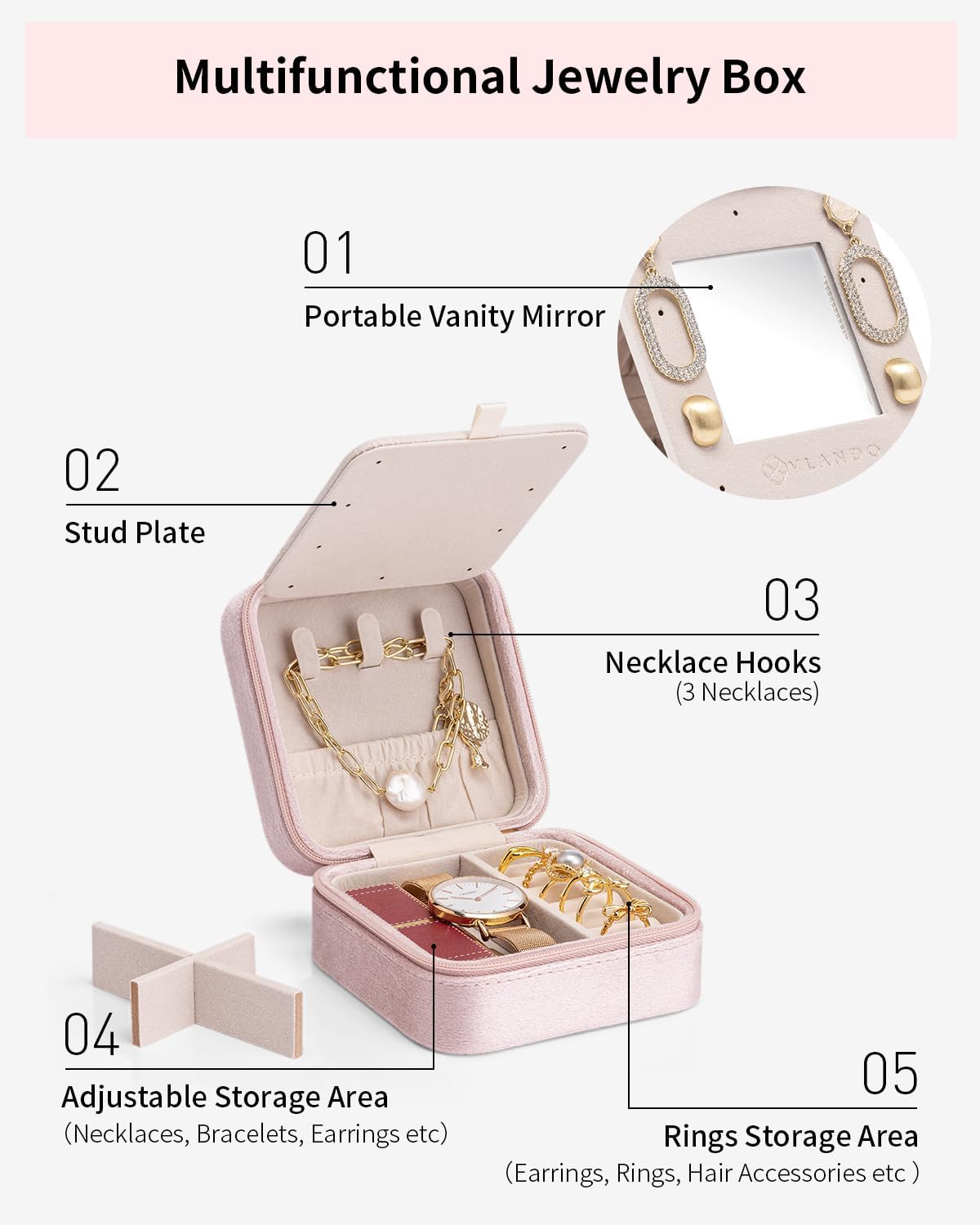 Vlando Wedding Gifts, Travel Jewelry Organizer, Necklace Organizer Earrings Ring Organizer, Travel Christmas Gifts for Women Travel Essentials - Letter S, Pink