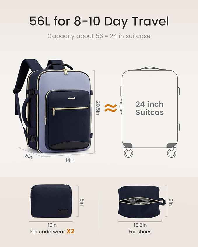 LOVEVOOK 56L Travel Backpack for Women & Men, Airline Approved Carry On Luggage with 3 Packing Cubes, TSA Overnight Bags, Waterproof Personal Item Bag, Weekender Essentials Backpacks fits 17" Laptop