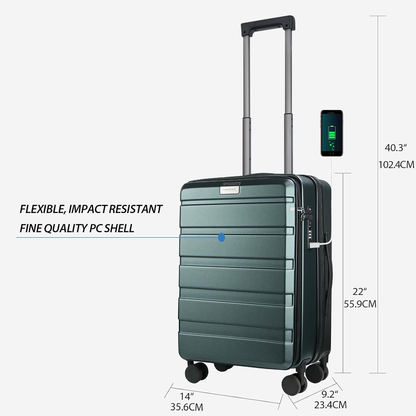 KROSER Carry On Luggage with Spinner Wheels & Built-in TSA Lock, Expandable Top Loading Hard Shell Suitcase Large Capacity Durable Rolling Luggage with USB Port, Carry-On 20-Inch, Dark Green - Roamly