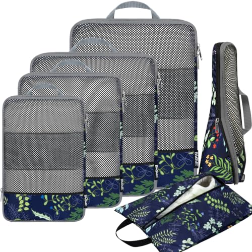 4 Set/6 Set/8 Set Compression Packing Cubes Travel Accessories Expandable Packing Organizers (Half Mesh, 6-Navy Leaf) (6 Count)