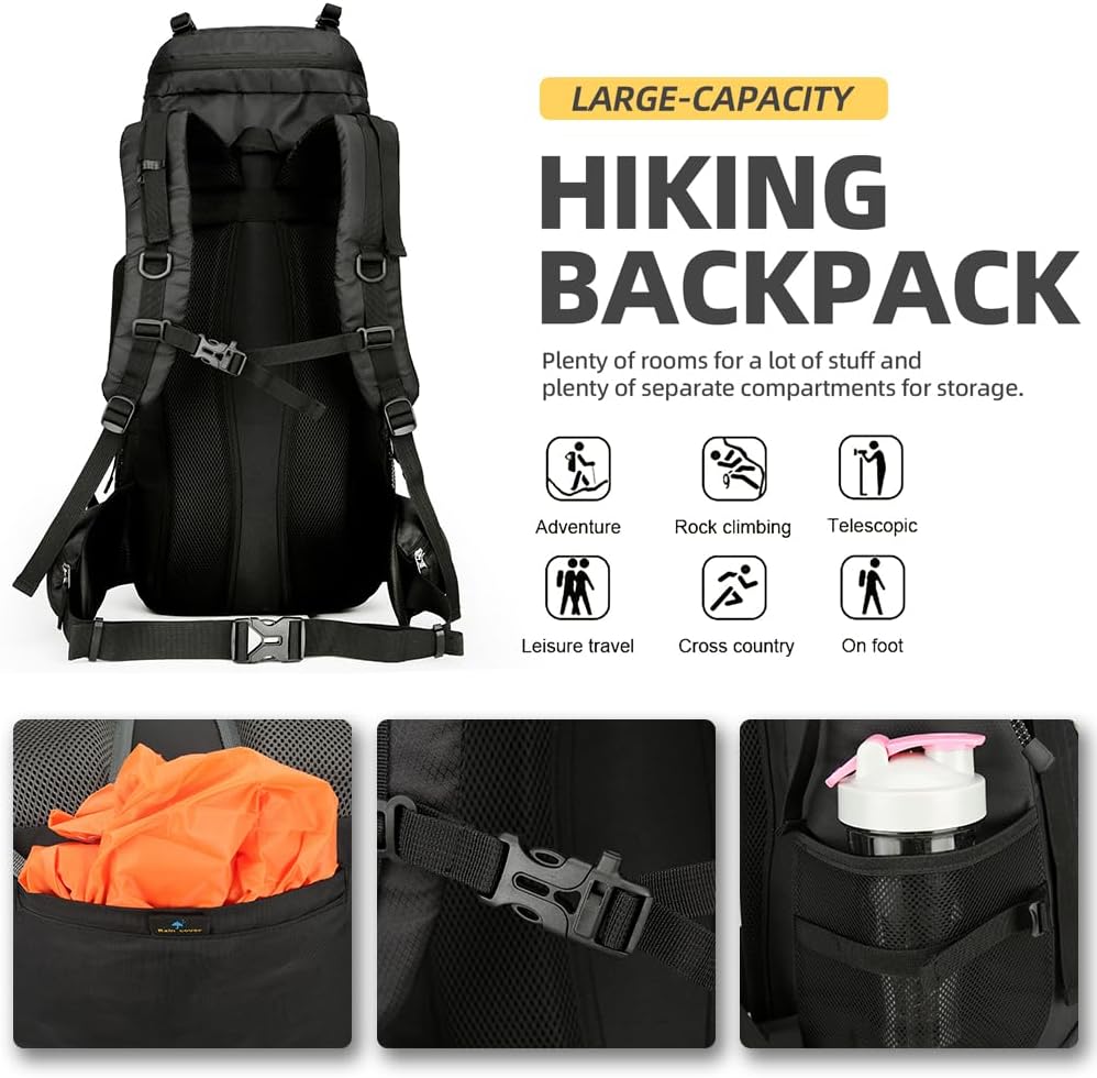 King'sGuard 60L Hiking Backpack Lightweight Camping Backpack with Rain Cover Large Waterproof Packable Outdoor Trekking Travel Backpack for Men Women (Black) - Roamly