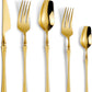 20-Piece Gold Silverware Set for 4,Modern 18/10 Stainless Steel Flatware Set,Unique Rustic Cutlery Utensils Set,Spoon and Fork Set for Home, Restaurant,Wedding,Mirror Polished,Dishwasher Safe