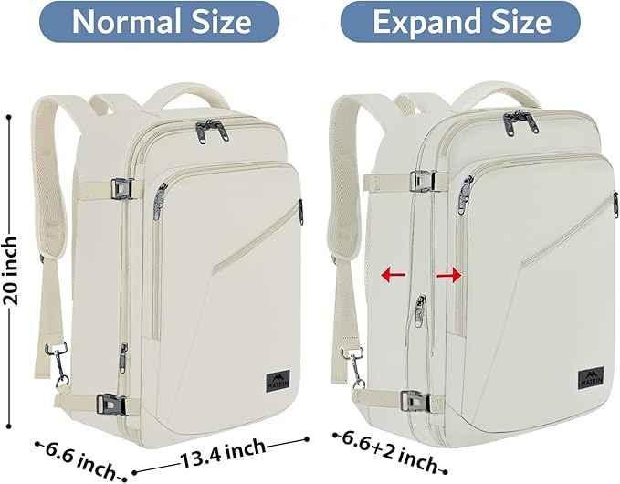 MATEIN Large Backpack for Travel Flight Approved, 45L Carry on Backpack with Padded Shoulder Straps for Adult, Men, Women, Expandable Daypack for Clothes, Travel Essentials, Beige