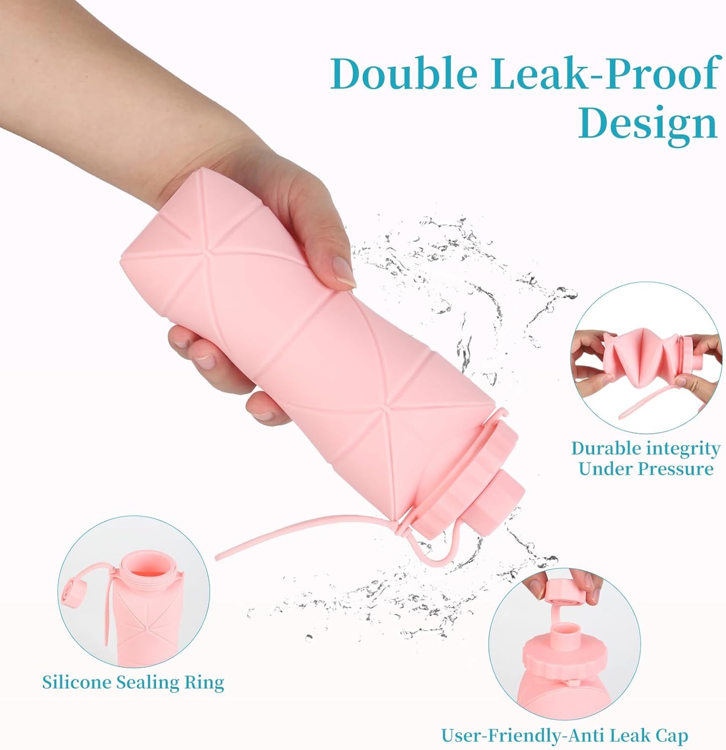 Silicone Collapsible Water Bottles,Lightweight Reusable Leakproof For Traveling Camping Hiking Cycling Sports Outdoor,Foldable Portable Travel Water Bottle 600ML Dark Blue And Pink 2Pack.