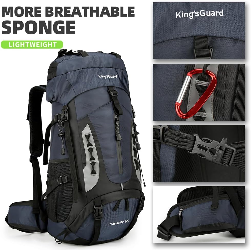 King'sGuard 60L Hiking Backpack Large Waterproof Camping Backpack for Men and Women Lightweight Frameless Backpacking Backpack with Rain Cover (Navy Blue) - Roamly