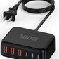 USB C Charger Block, 100W GaN 6 Port PD USB C QC USB A Wall Charger Adapter Plug Cube, Super Fast Type C Charging Station Hub for iPhone 16 15 14 13 12 Pro Max iPad Samsung Pixel 5ft Extension Cord