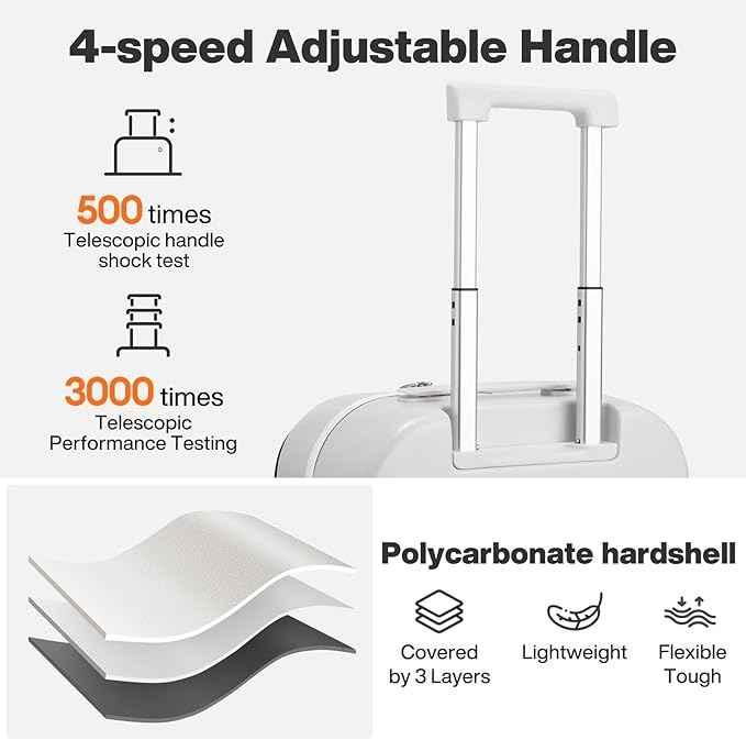 mixi 24 Inch Checked Luggage PC Hard Shell Suitcase Top Opening Aluminum Frame Travel Suitcases with Wheels, Smoke White