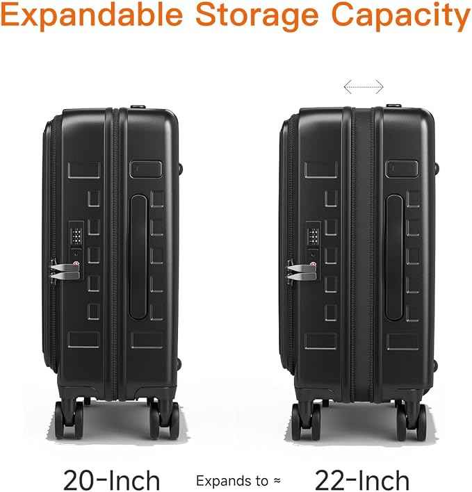 Expandable Lightweight PC Hard Shell Suitcase, 20-inch Carry On Luggage with TSA Lock, 360 Silent Spinner Wheels, Top Opening & Cup Holder - Ideal for Business Travel Suitcase (Black)