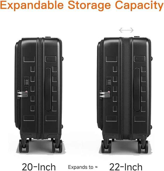 Expandable Lightweight PC Hard Shell Suitcase, 20-inch Carry On Luggage with TSA Lock, 360 Silent Spinner Wheels, Top Opening & Cup Holder - Ideal for Business Travel Suitcase (Black)