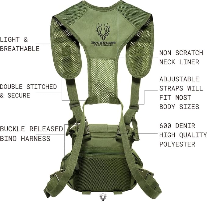 Binocular Harness Chest Pack - Lightweight Bino Harness with Rangefinder Pouch, Silent Hunting Chest Rig and Binocular Case w/ MOLLE system, Veteran Owned Gear, Green