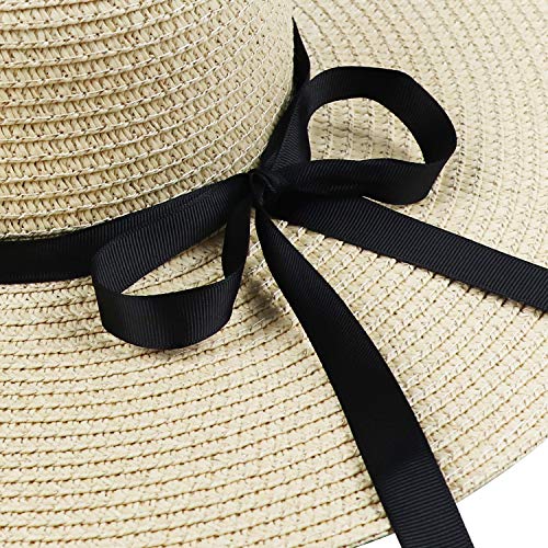 Womens Straw Hat Foldable Wide Brim Floppy Beach Sun Hat for Women Roll up Cap UPF 50+ Adjustable Strap Vacation