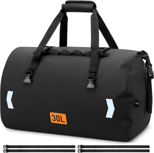 Waterproof Duffel Bag, 30L Roll-top Motorcycle Dry Bag with Air Valve & Quick-fixed Straps, Travel Duffle Bags for Kayaking Paddle Boarding Rafting Boating Camping Riding Fishing - Black