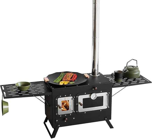 Large Outdoor Camping Cooking Stove with Oven Portable Hot Tent Stove with Pellet Bin Burner Chimney