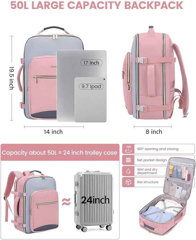 LOVEVOOK 50L Travel Backpack for Women & Men, Airline Approved Carry On Luggage with 3 Packing Cubes, TSA Overnight Bags, Waterproof Personal Item Bag, Weekender Essentials Backpacks fits 17" Laptop