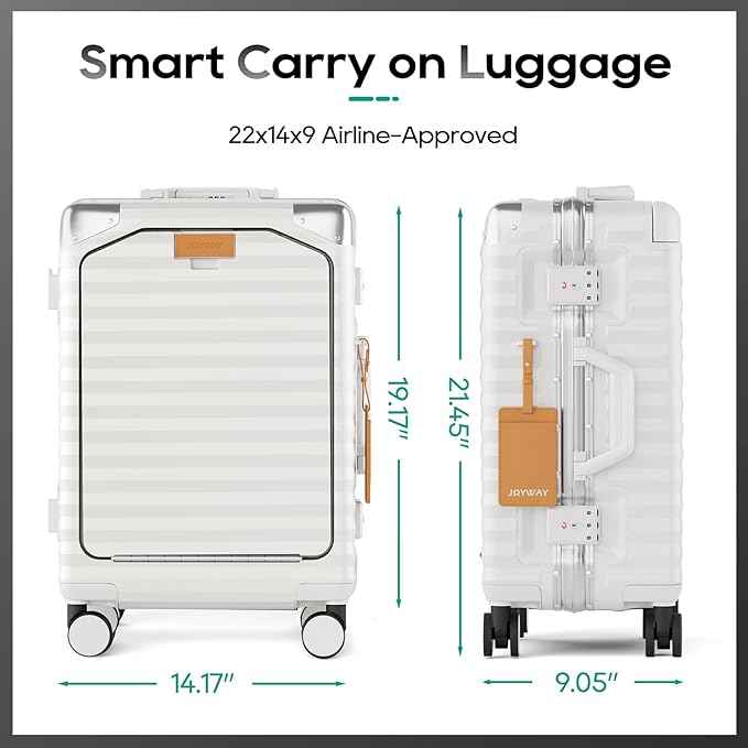 Joyway 20 Inch Carry on Luggage with Aluminium Frame and Front Pocket, PC Hardshell Suitcase with USB Port and Cup Holder, 21.5x14.2x9 Airline Approved, Luggage with Spinner Wheels and TSA Lock(White)