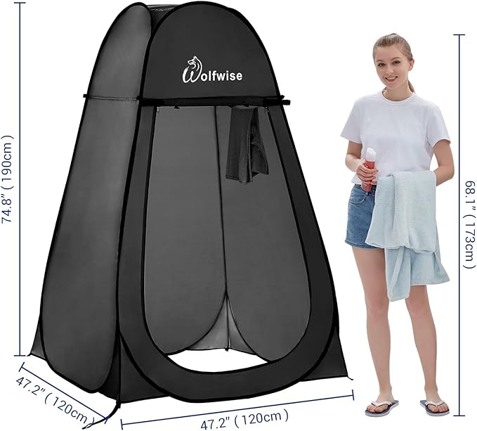 Wolfwise Pop Up Shower Tent, Portable Instant Changing Tent with Ventilation Window & Carry Bag, Privacy Bathroom Toilet for Beach, Camping & Outdoor, Width 47 ", Height 75 ", Black