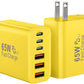 USB C Charger Block, 65W USBC Wall Charging Blocks 6-Port PD & QC Power Adapter Multiport Type C Fast Chargers Plug Cube Brick for iPhone 16/15/14/13/12/Pro Max,iPad Pro,Samsung Galaxy S25 Yellow