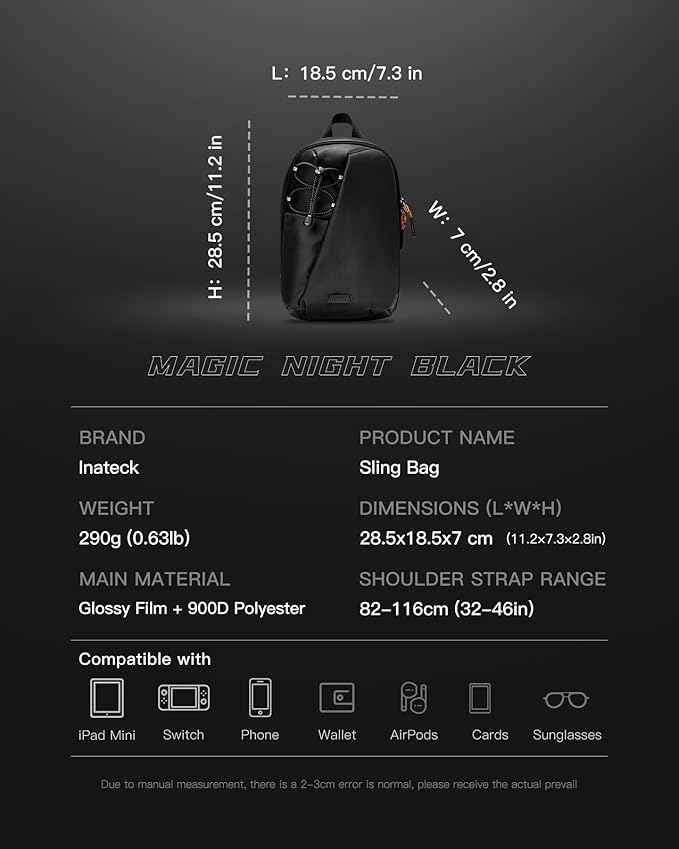 Inateck Sling Bag X-Row with RFID Blocking, Spacious Crossbody Shoulder Chest Everyday Carry Bag with Quick-adjust Strap, Water-resistant Sling Backpack for Men, Women, Travel, Cycling, Hiking, Black