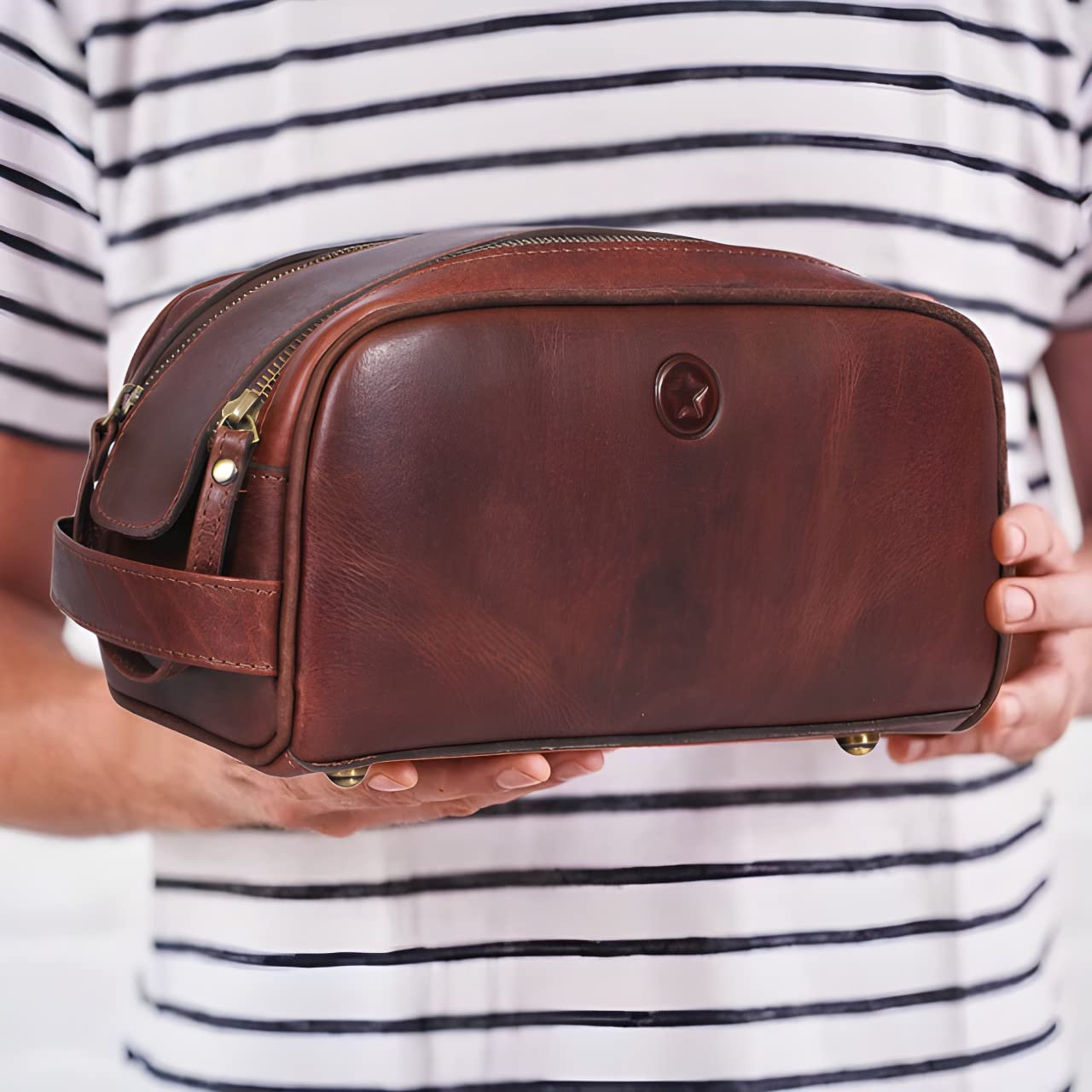 10" Premium Leather Toiletry Travel Pouch With Waterproof Lining | King-Size Handcrafted Vintage Dopp - Kit By Aaron Leather Goods (Dark Brown) - Roamly