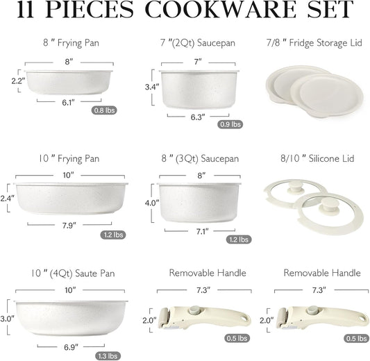 GiPP 11Pcs Pots and Pans Set Non Stick, Cookware Sets Nonstick Detachable Handle, Induction Kitchen Set Removable Handle, RV Cookware set, Oven Safe