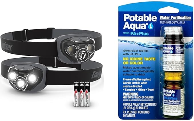 Energizer LED Headlamp PRO (2-Pack), IPX4 Water Resistant Headlamps, High-Performance Head Light & Potable Aqua Water Purification Tablets with PA Plus, Portable and Effective Solution