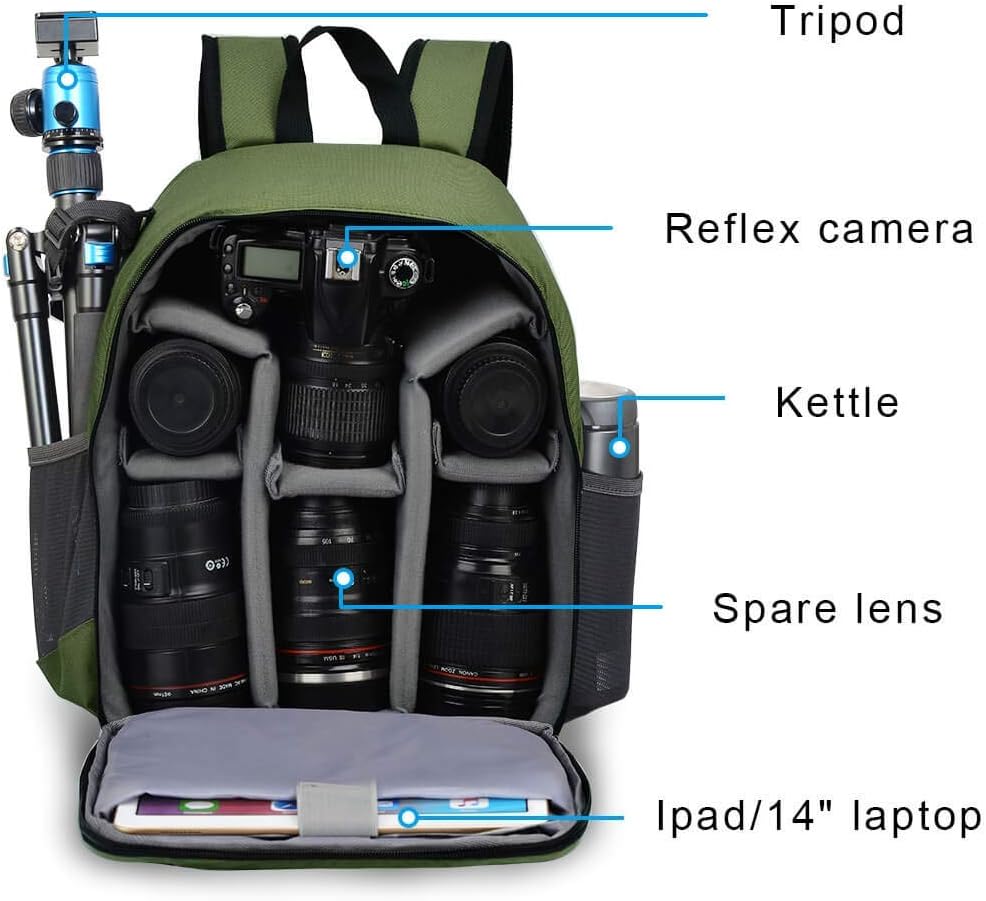 CADeN Camera Backpack Bag Professional for DSLR/SLR Mirrorless Camera Waterproof, Camera Case Compatible for Sony Canon Nikon Camera and Lens Tripod Accessories Green