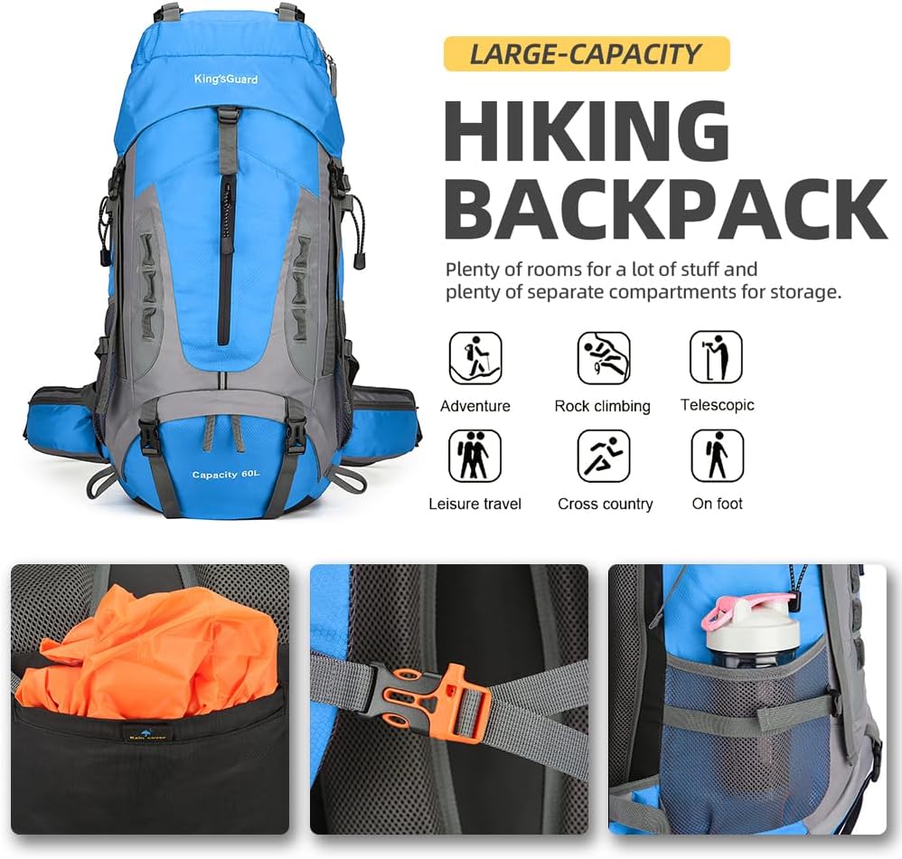 King'sGuard 60L Hiking Backpack Lightweight Camping Backpack with Rain Cover Large Waterproof Packable Outdoor Trekking Travel Backpack for Men Women (Blue) - Roamly