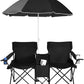 Goplus Double Camping Chair with Umbrella, Folding Loveseat Chairs w/Canopy Shade, Carrying Bag, Table, Cup Holder, Portable Beach Chairs Outdoor Picnic Patio (Black)