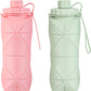 YCT Collapsible Silicone Travel Water Bottle 20oz (600ml), Reuseable Leakproof BPA Free Foldable Sports Bottle, with Carrying Strap, Pink + Green