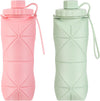 YCT Collapsible Silicone Travel Water Bottle 20oz (600ml), Reuseable Leakproof BPA Free Foldable Sports Bottle, with Carrying Strap, Pink + Green