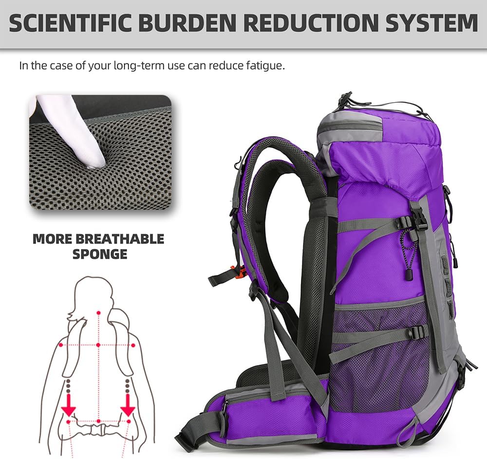 King'sGuard 60L Hiking Backpack Lightweight Camping Backpack with Rain Cover Large Waterproof Packable Outdoor Trekking Travel Backpack for Men Women (Purple) - Roamly