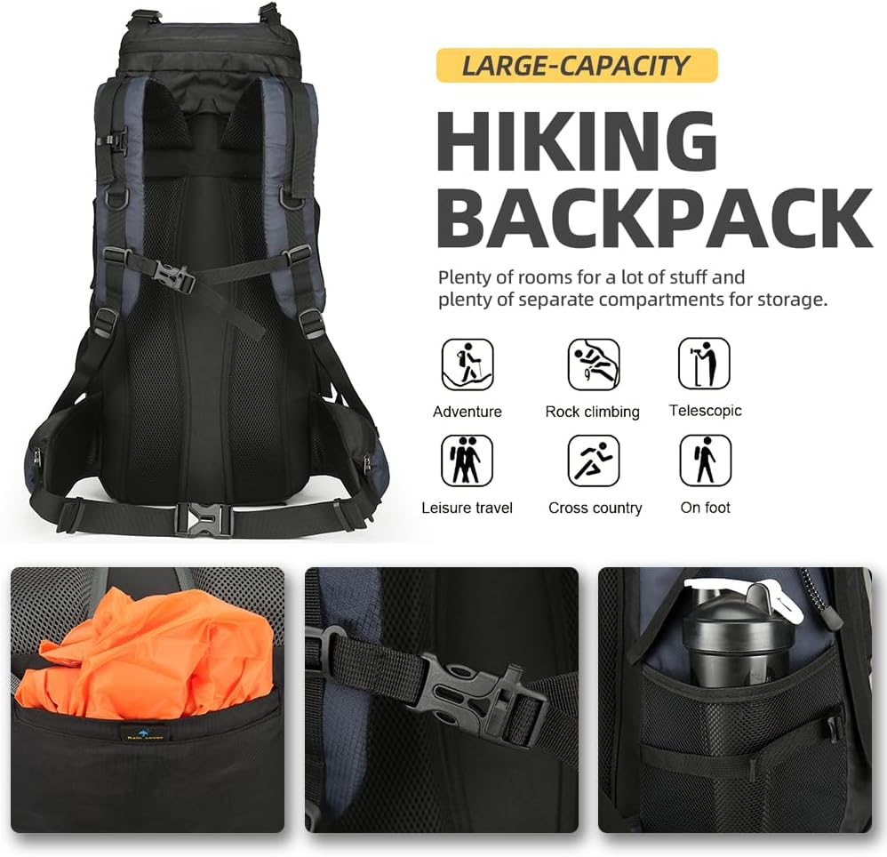 King'sGuard 60L Hiking Backpack Large Waterproof Camping Backpack for Men and Women Lightweight Frameless Backpacking Backpack with Rain Cover (Navy Blue) - Roamly