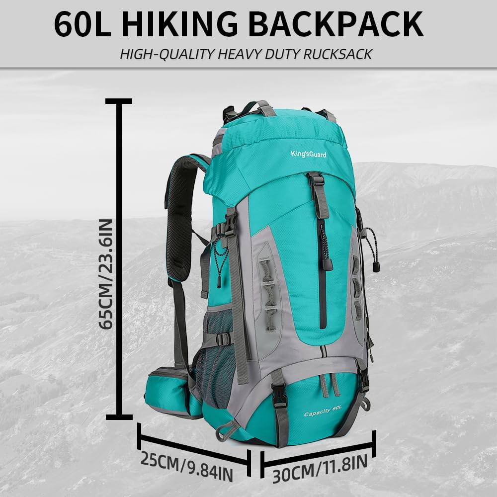 King'sGuard 60L Hiking Backpack Large Waterproof Camping Backpack for Men and Women Lightweight Frameless Backpacking Backpack with Rain Cover (Lake Blue) - Roamly