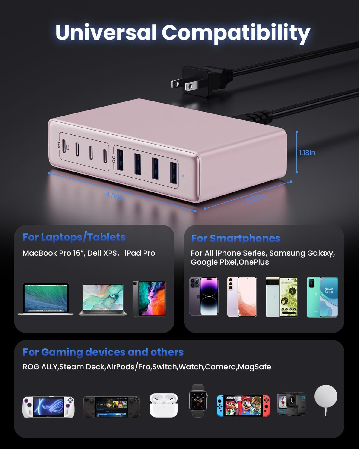 200W USB C Charger Block,GaN IV Charging Station 8 Ports,QC4.0 Fast Charging Station Hub+PD 65W USB C Laptop Charger Adapter Compatible with MacBook Air/Pro,DELL,iPhone 16/15,iPad,Steam Deck-Pink - Roamly