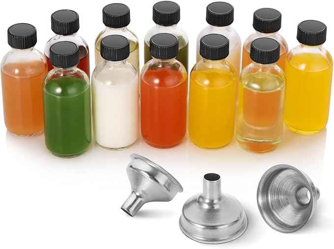 12 Pack, 2 oz Small Clear Glass Bottles w/Lid & 3 Funnels - 60ml Boston Shot Bottles for Health, Immunity, Potion, Wellness, Sample, Ginger, Juice - Mini Personal Care & Beauty Travel Bottle