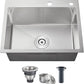 POPFLY 22 Inch Kitchen Sink, 22 x 18 Inch Drop in 18 Gauge Stainless Steel Single Bowl Laundry Sinks 2 Holes Top mount Handmade Utility Small Bar Deep Sink, Brushed