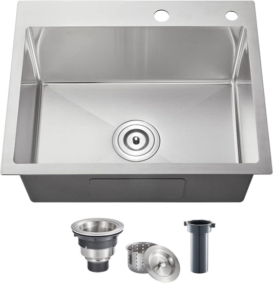 POPFLY 20×16 inch Drop In Kitchen Sink, 18 Gauge Stainless Steel Overmount Single Bowl Small Prep Bar Sink, Top mount Handmade Utility Deep Sinks with 2 Holes, Brushed Nickel