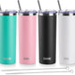 koodee 20 oz Skinny Tumblers (4 Pack) Stainless Steel Insulated Tumbler with Lids, Straws and Straw Brushes（Teal/Pink/Black/White）