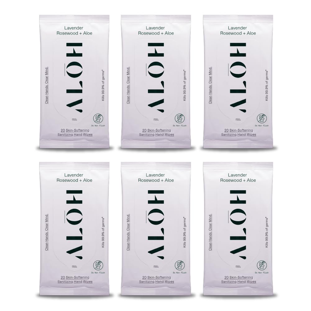 ALŌH Lavender Rosewood + Aloe Sanitizing Hand Wipes - Clean Hands, Clear Mind - On The Go Hand Sanitizer Wipes for Kids and Adults - Travel Size 6 Pack, 20ct (120 wipe)