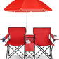 Goplus Double Camping Chair with Umbrella, Folding Loveseat Chairs w/Canopy Shade, Carrying Bag, Table, Cup Holder, Portable Beach Chairs Outdoor Picnic Patio (Red)