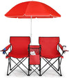 Goplus Double Camping Chair with Umbrella, Folding Loveseat Chairs w/Canopy Shade, Carrying Bag, Table, Cup Holder, Portable Beach Chairs Outdoor Picnic Patio (Red)